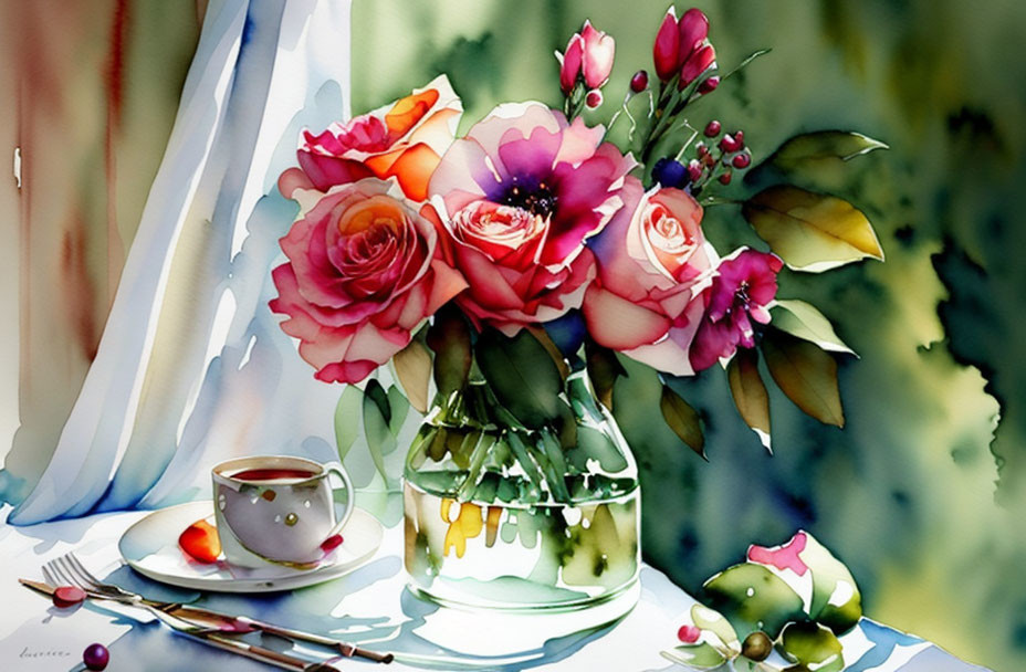 Colorful Watercolor Painting of Flowers, Teacup, and Fruit Bouquet