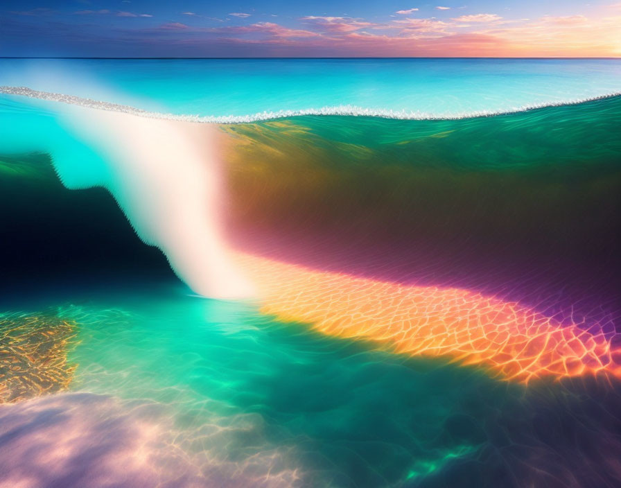 Vibrant Underwater Waterfall Painting with Surreal Colors