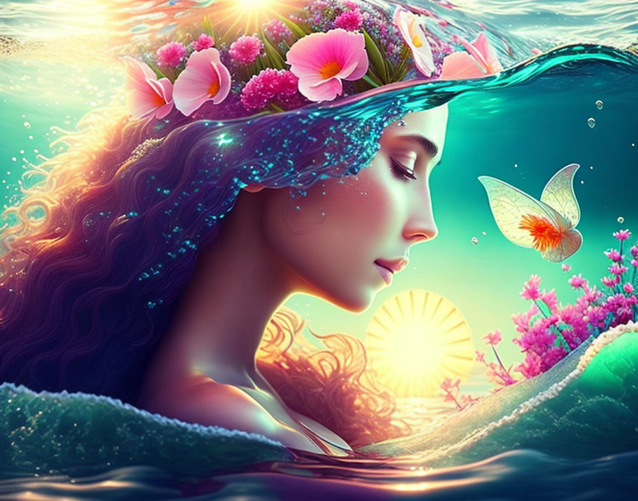 Fantasy image of woman with floral crown blending into underwater scene