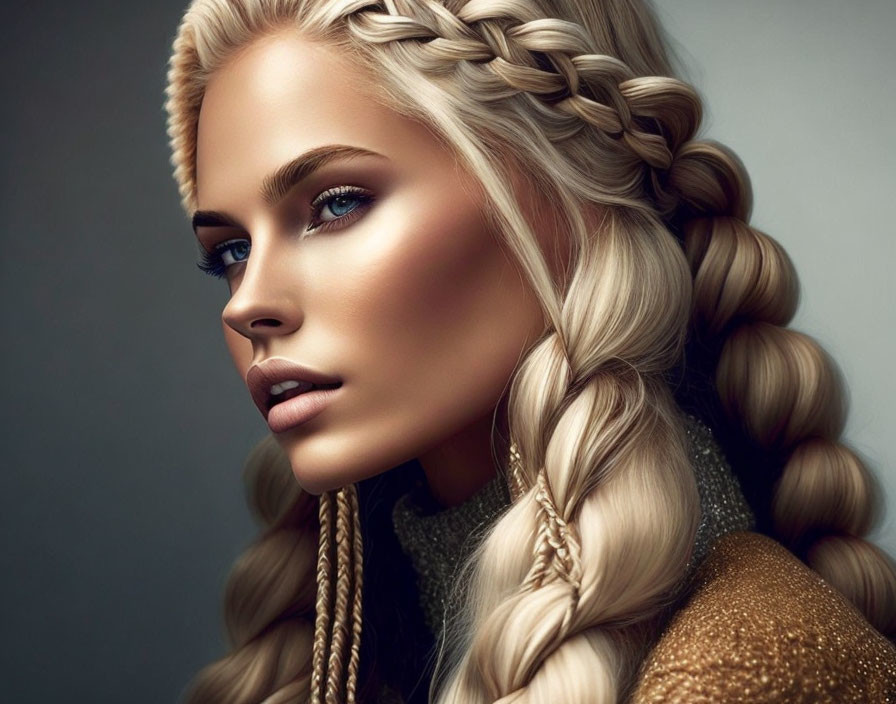 Blonde Woman with Braided Hair in Gold Clothing Portrait