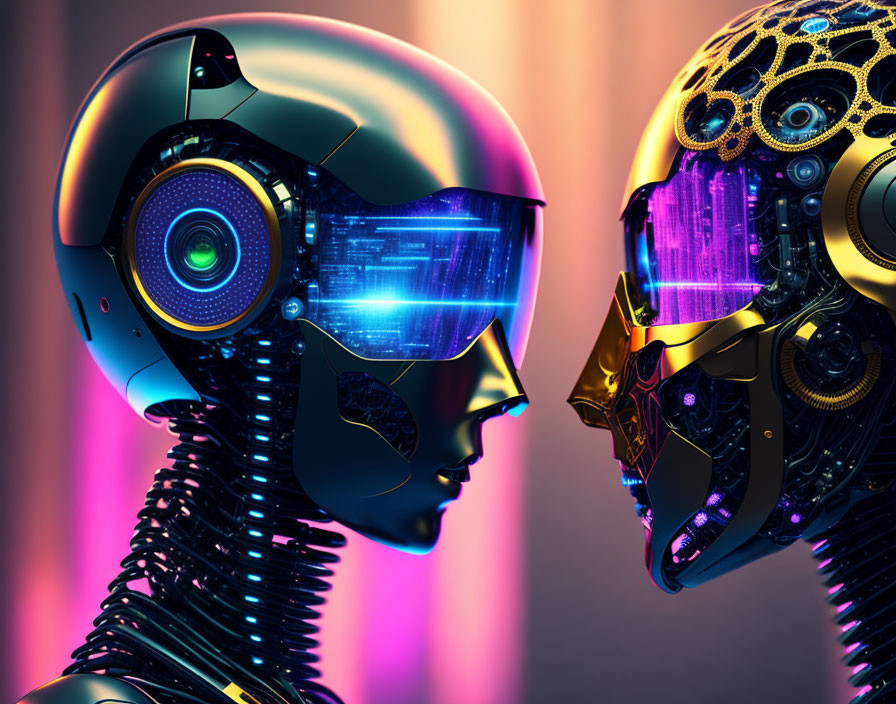 Detailed Blue and Gold Robotic Heads in Face-off on Luminescent Background