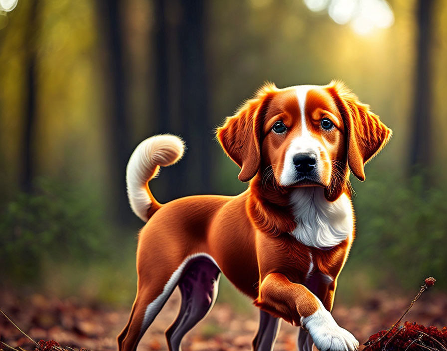 Brown and White Dog in Autumn Forest with Golden Light