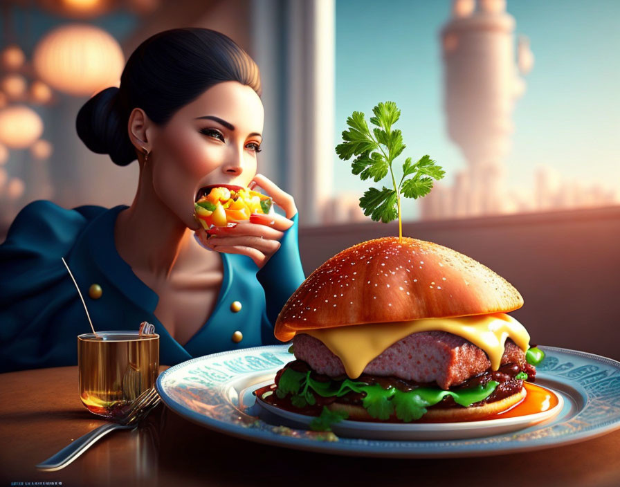 Illustration of woman with burger and drink in urban setting