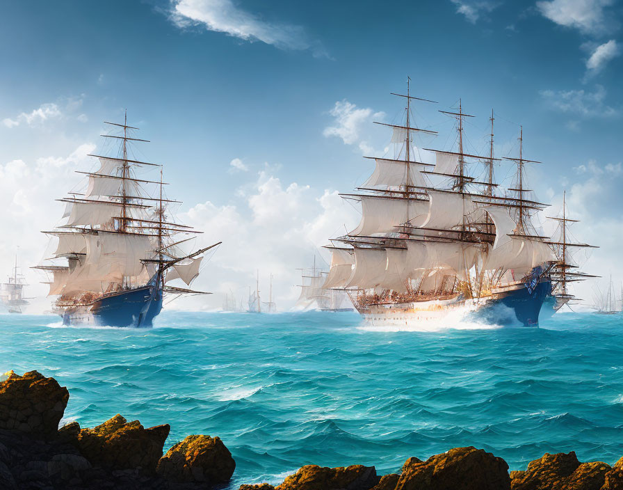 Majestic tall ships with full sails on choppy ocean