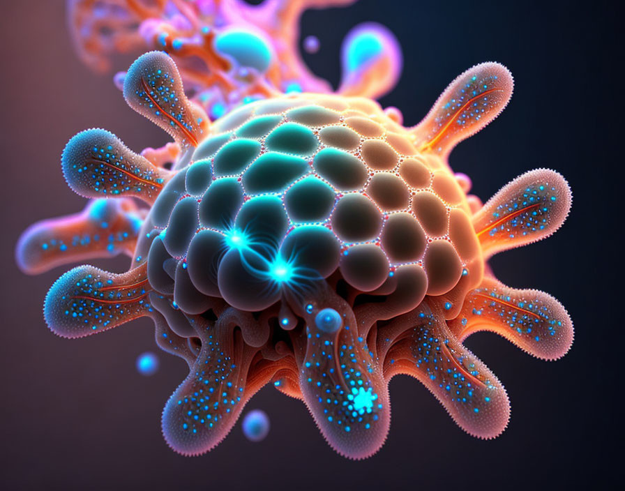 Digital artwork of glowing spherical virus with intricate patterns