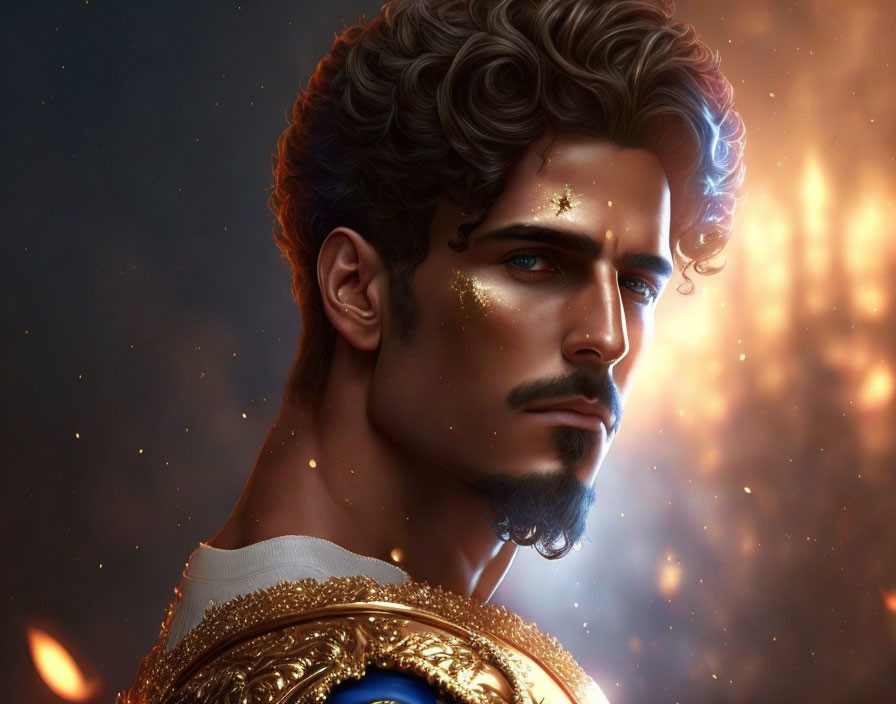 Regal man portrait with golden crown and fiery backdrop