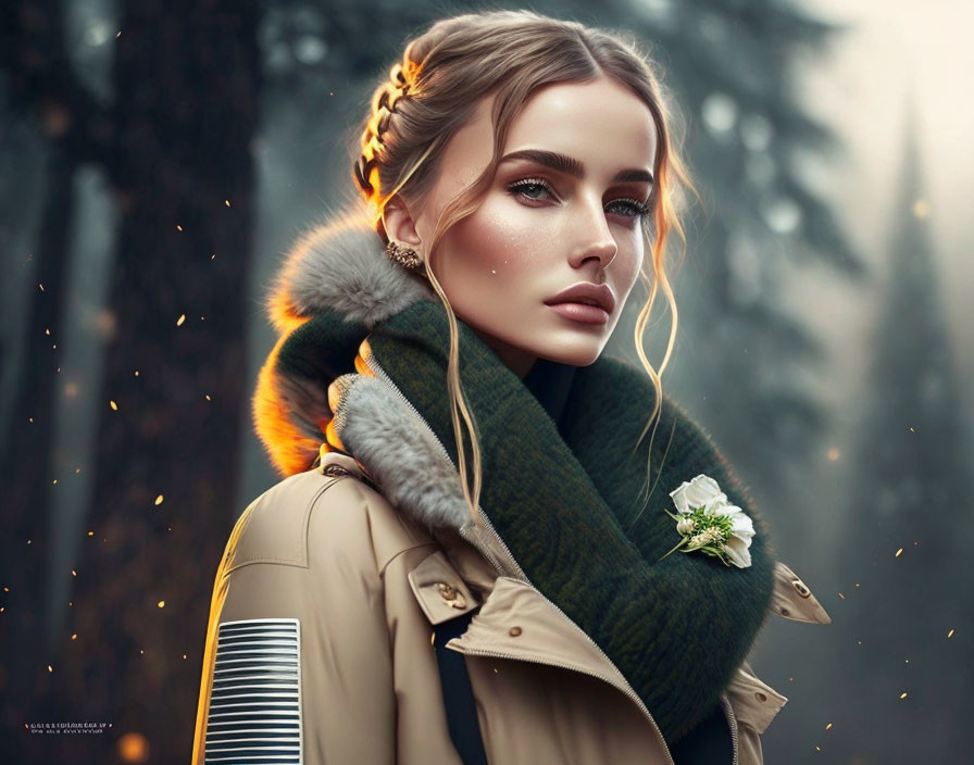 Woman with Braided Hair and Striking Makeup in Warm Coat with Fur Collar and Green Scarf