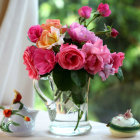 Colorful Watercolor Painting of Flowers, Teacup, and Fruit Bouquet