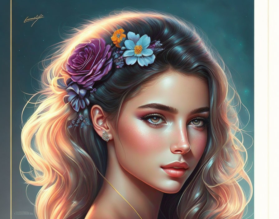 Detailed Digital Portrait of Woman with Wavy Blonde Hair and Floral Adornments