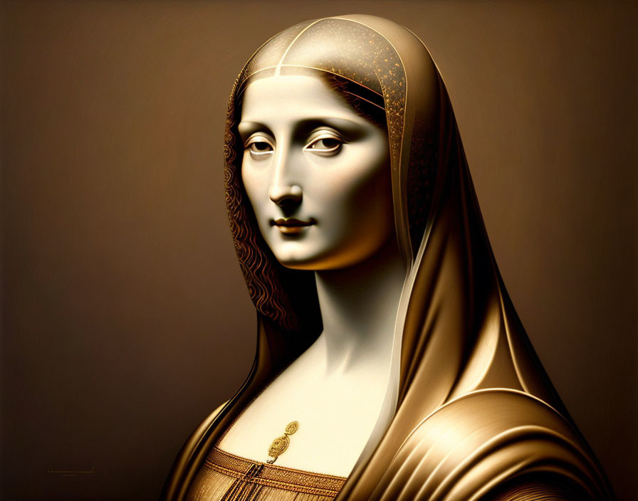 Modern 3D digital artwork with golden Mona Lisa twist