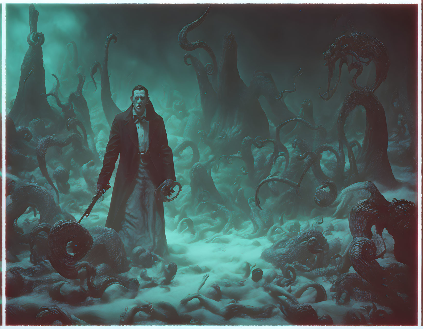 Man with gun surrounded by monstrous tentacles in misty environment