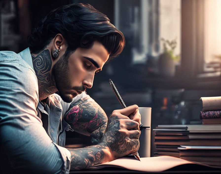 Bearded man with tattoos writing at desk surrounded by books and lamp