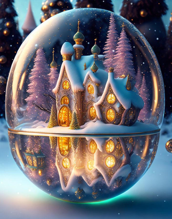 Snow Globe with Whimsical Snow-Covered Village at Twilight