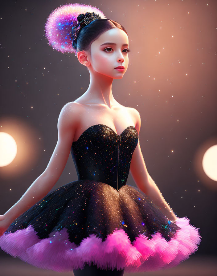 Vibrant digital artwork of young ballerina in colorful tutu