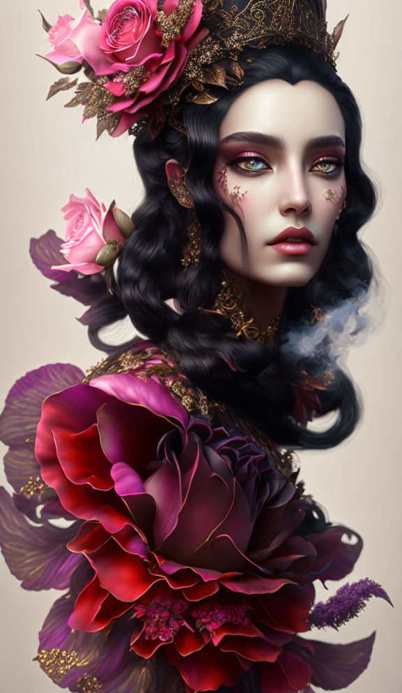 Digital Artwork: Woman with Black Hair and Flower Accessories