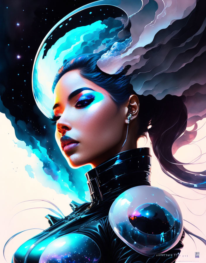 Vibrant illustration of woman with cosmic elements