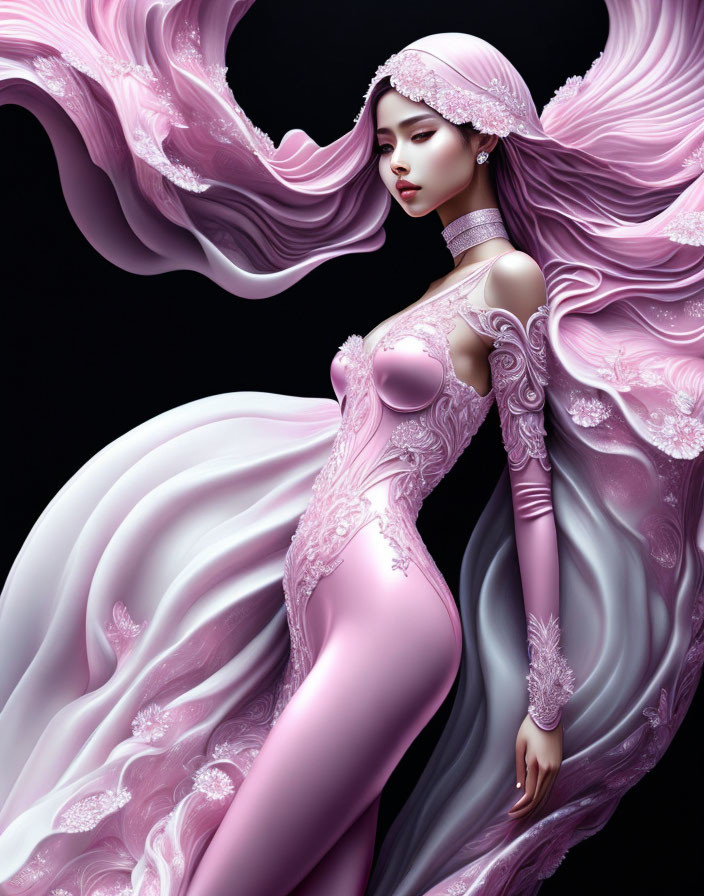 Ethereal woman in pink and white flowing garments with intricate designs