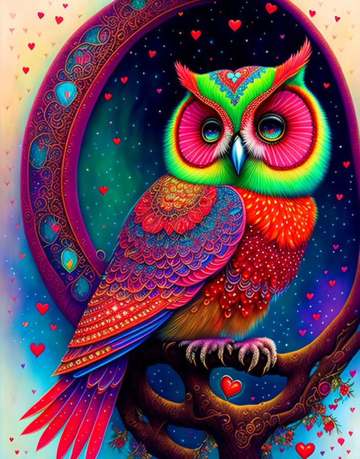 Colorful Owl Illustration with Heart Patterns on Branch in Starry Background