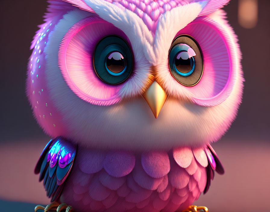 Vivid Pink Feathered Owl with Blue Eyes on Moody Background