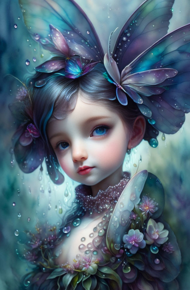 Young fairy with iridescent wings, blue hair, and floral backdrop