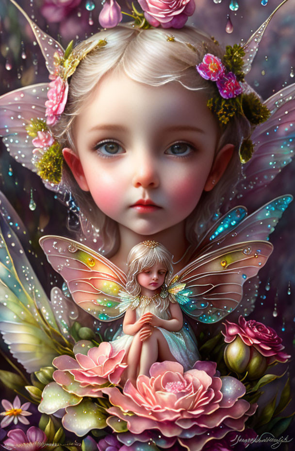 Illustration of winged fairy with blue eyes in floral setting