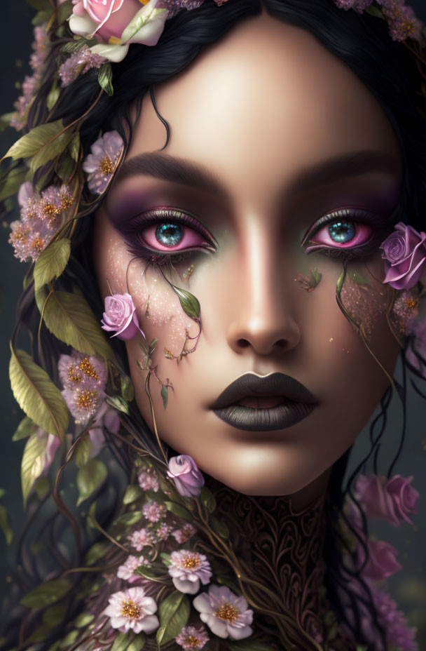 Woman with Floral Adornments and Tattoo-like Patterns in Digital Art