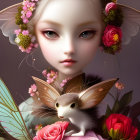 Illustration of winged fairy with blue eyes in floral setting