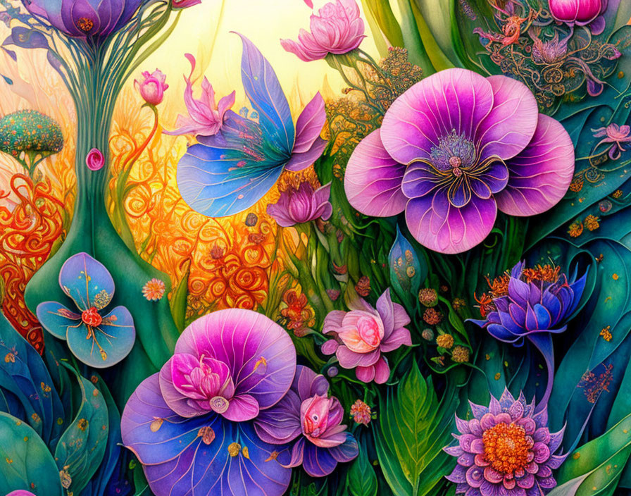 Colorful Stylized Flower and Plant Artwork with Purple, Blue, Orange, and Yellow H