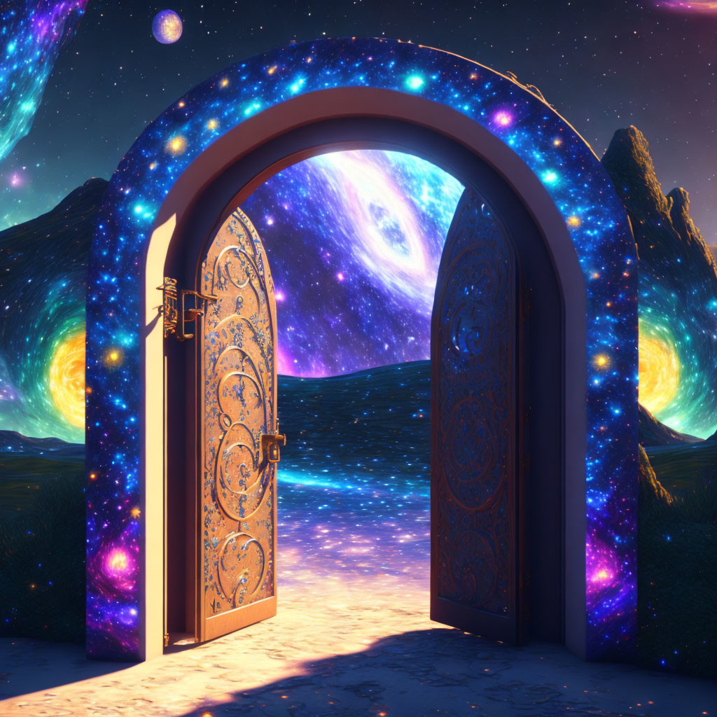 Ornate door showcasing cosmic landscape with galaxies and stars