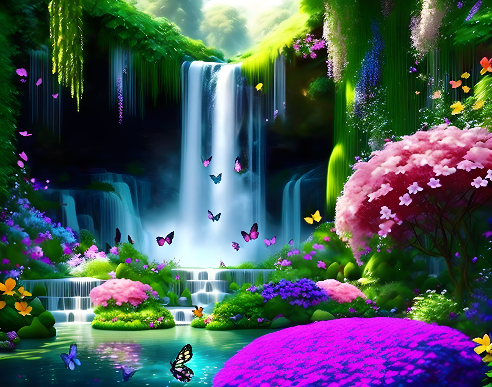 Colorful Digital Artwork: Lush Waterfall Scene with Greenery, Flowers, and Butterflies