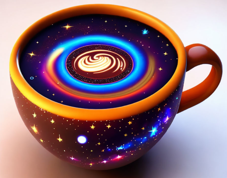 Digital Artwork: Coffee Mug with Cosmic Scene and Celestial Patterns