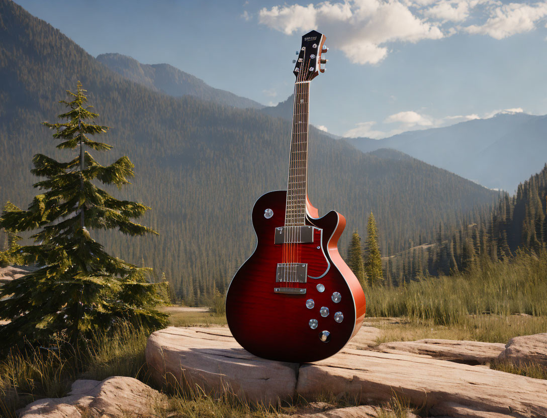 Vibrant red electric guitar on wooden log in forest setting