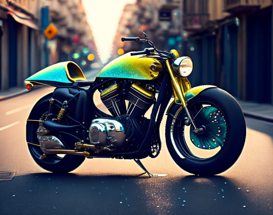 Custom Teal and Yellow Painted Motorcycle Parked on City Street