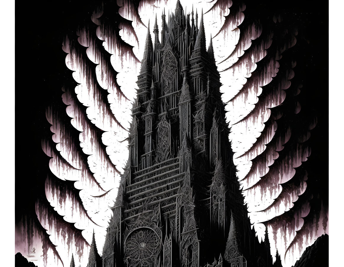 Gothic-style tower with intricate architecture and feather-like patterns on black background