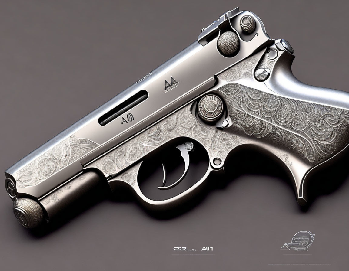 Detailed Silver Handgun with Black Accents and Scrollwork