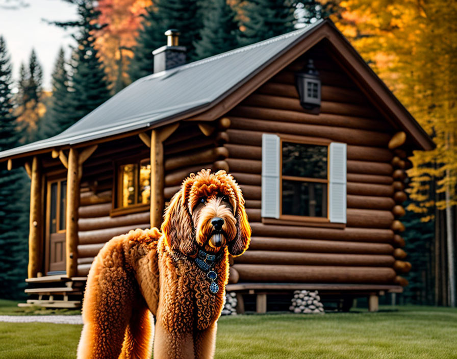 Fluffy apricot-colored doodle dog in front of log cabin surrounded by autumn trees