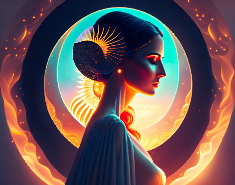 Profile Illustration of Woman with Radiant Golden Halo on Dark Background