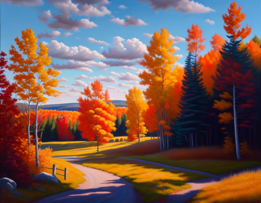 Scenic autumn landscape with winding road and vibrant trees