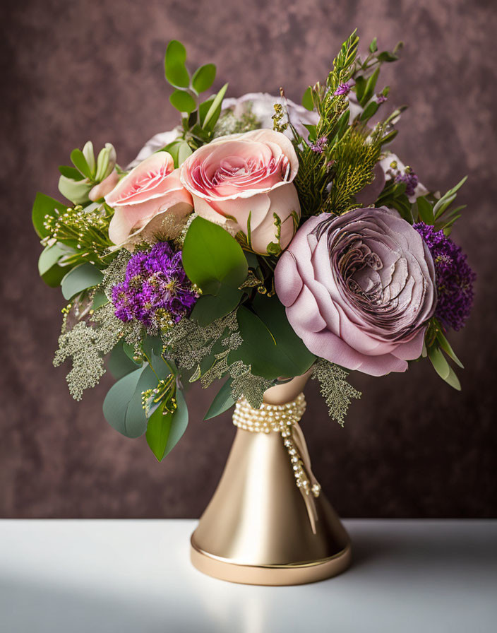 Pink Roses, Purple Flowers, and Greenery Arrangement in Golden Vase on Mauve Background