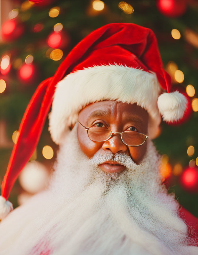 Santa Claus Costume with White Beard and Red Hat by Christmas Tree