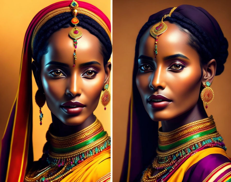 Digital Art Diptych: Traditional Indian Attire & Jewelry on Two Women