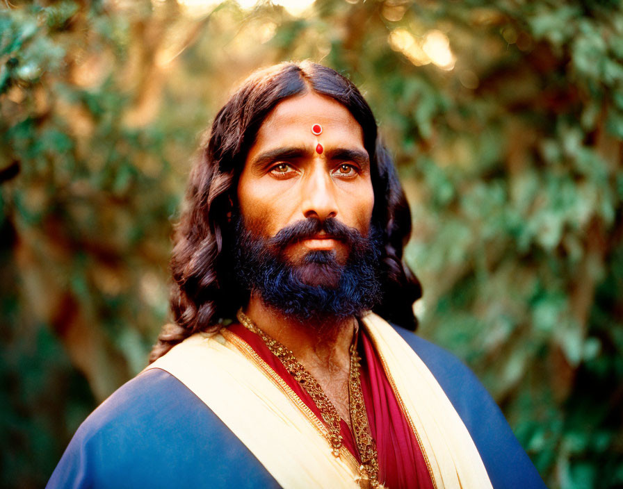 Bearded man in traditional attire with red mark, greenery backdrop