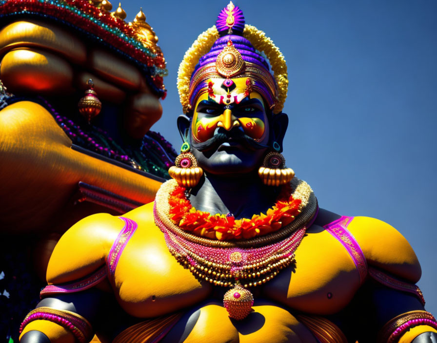 Vibrant Hindu deity statue with four arms and jewelry under blue sky