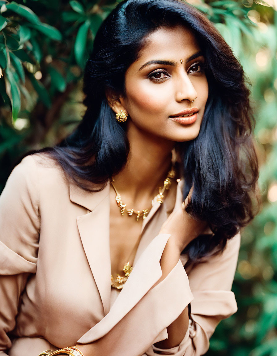 Woman with Long Dark Hair in Beige Outfit and Gold Jewelry Among Green Foliage