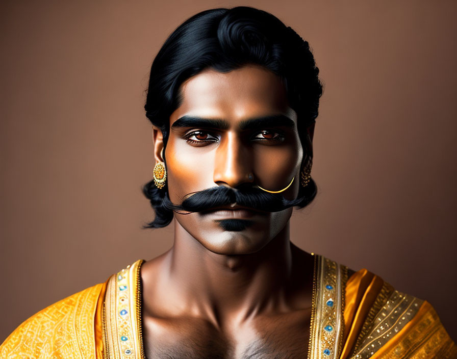 Man with Mustache in Ornate Earrings and Golden Garment on Brown Background