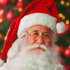 Santa Claus Costume with White Beard and Red Hat by Christmas Tree