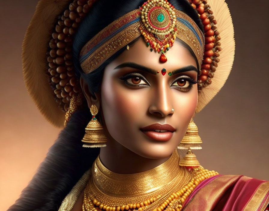 Traditional Indian jewelry on a woman with a headpiece and a bindi.