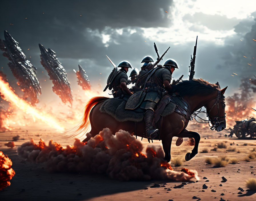 Armored knights on horseback in fiery battlefield charge.