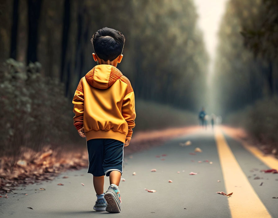 Young boy walking alone on forest road lined with trees