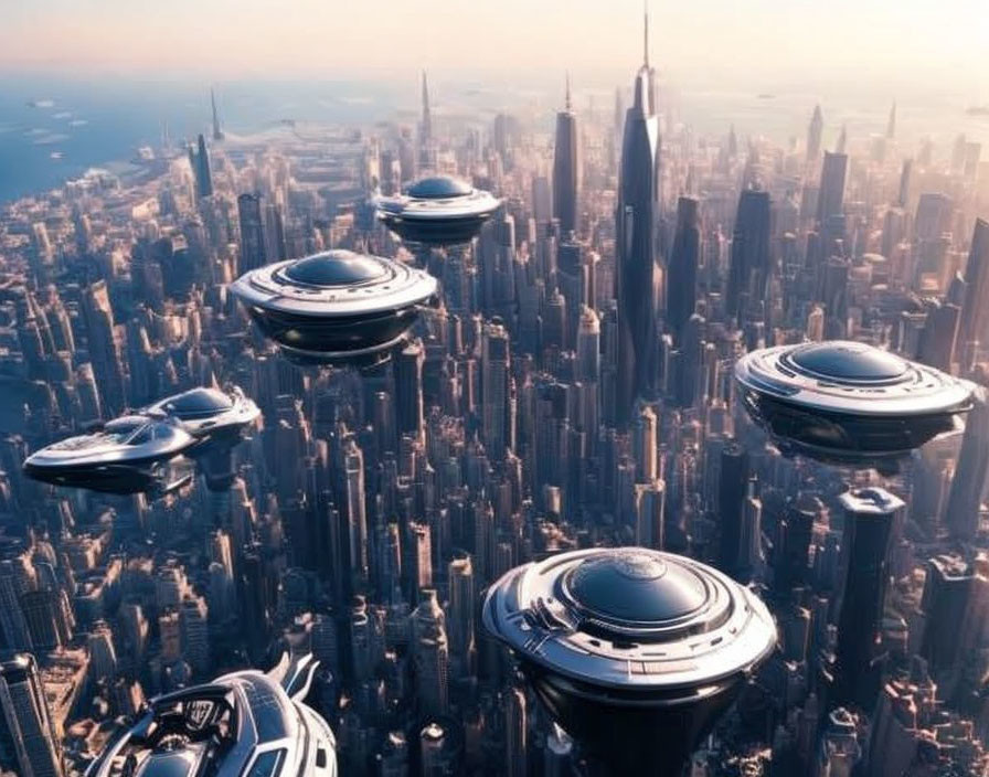 Futuristic cityscape with flying saucers and skyscrapers